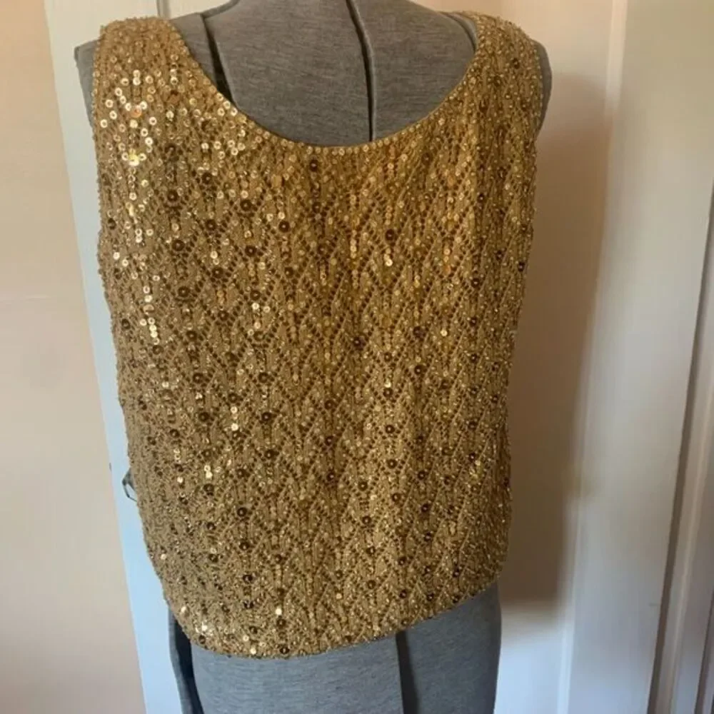 Vtg 60s Gold Sequin Knit Lace Sweater Vest Wool Hand Beaded Holiday Mod sz 40 - Picture 2 of 9